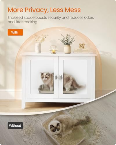 Feandrea Cat Litter Box Enclosure, Modern Hidden Cat Litter Box Furniture, Double Doors, Handles, Indoor Pet House Washroom, Living Room Side End Table, Cloud White UPCL015WB01
