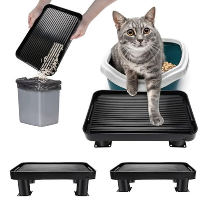 Black Litter Box Ramp with 4 Detachable Adjustable Height Stand, Litter Box Step for Small & Elderly Cats, Filter Cat Litter & Washable & Elevated Cat Ramp (14"x10"x3.74")