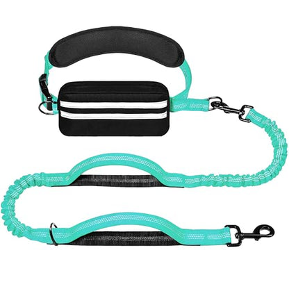 Hands Free Dog Leash with Zipper Pouch, Running Waist Leash for Dog Walking, Adjustable Waist Belt for Large Dogs, Reflective Bungee Design with Two Handle for Hiking, Training, Teal - color: Teal