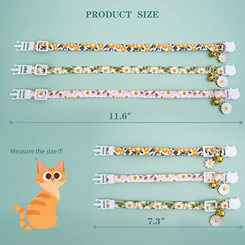Faygarsle 3 Pack Cotton Safe Breakaway Cat Collars with Bell Daisy Charm Green Orange Pink Kitty Kitten Cute Cat Collars for Girl Cats Female Cats - color: Pink&Green&Orange3.0