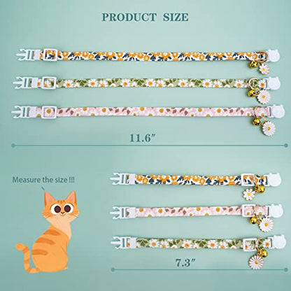 Faygarsle 3 Pack Cotton Safe Breakaway Cat Collars with Bell Daisy Charm Green Orange Pink Kitty Kitten Cute Cat Collars for Girl Cats Female Cats - color: Pink&Green&Orange3.0