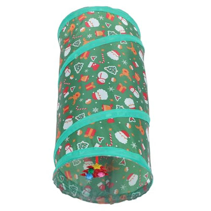 Christmas Theme Collapsible Cat Tunnel Cube with Bell Ball Foldable Breathable Cat Playhouse Hideaway for Interactive Exploration and Active Indoor Pets