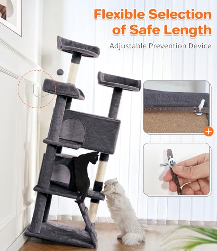 Made4Pets Cat Tree Tower 56in Cat Tower for Indoor Cats Kitten Tree Multi-Level Cat Tree with 2 Condo Furniture Activity Center with Scratching Posts Funny Toys Kittens Pet Play House, Grey - color: Grey