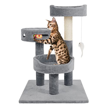 3-Tier Cat Tower with Sisal Rope Scratching Post, 2 Carpeted Napping Perches, Hanging Mouse, and Interactive Toy for Indoor Cat Use by PETMAKER (Gray) - color: Gray