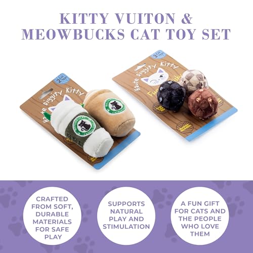 Haute Diggity Kitty Vuiton Checker Balls + Meowbucks Catpuccino Set, Plush Cat Toys Catnip Filled with Interactive Crackle Sound, Safe & Durable Toys for Cat & Kitten, 5 Pcs - style: Kitty Vuiton Checker Balls + Meowbucks Catpuccino