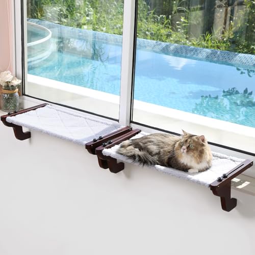 Zakkart 2PC Easy Seat Cat Perch for Window Sill - Hammock Design w/Pine Wood & Robust Metal Frame - Cat Window Seat for Large Cats and Kittens (Dark Stained Wood w/Gray Bed, Medium (23''W x 14''D)) - color: Dark Stained Wood w/ Gray Bed, size: Medium 2PC