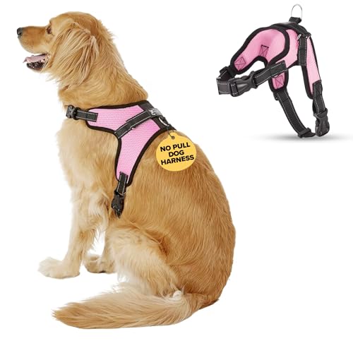 No Pull Reflective Adjustable Dog Harness With Handle- Comfortable Soft All Weather Mesh, Easy On Puppy Harness For Small Medium and Large Dogs (Pink) Large - color: Pink, size: Large