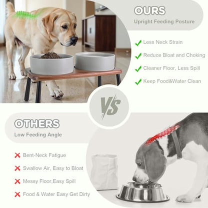 SPUNKYJUNKY Ceramic Elevated Dog Bowls Raised with Acacia Bamboo Wooden Stand, 8.3'' Dog Food Water Bowls Set Non-Slip for Medium Large Sized Breed Microwave Dishwasher Safe - 60 OZ,Grey - color: Grey, size: 8.3 in - Dual