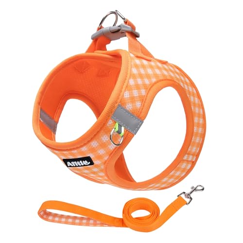 AIITLE Plaid Print Dog Harness Set – Lightweight, Reflective & Adjustable Vest Harness for Puppies – Perfect for Boston Terriers, Maltese & Indoor/Outdoor Use (XS, Orange) - color: Orange, size: XS