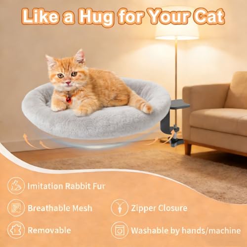 Cat Desk Bed Attachment, Gray Soft Faux Rabbit Fur Fabric Replacement Set, Machine Washable, Fabric Only, Clamp Not Included - color: -Gray