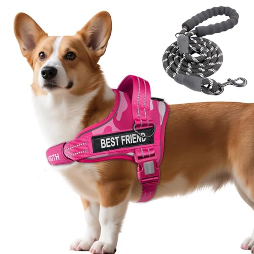 AUROTH Dog Harness and Leash Set, Soft Padded Service Dog Vest with 5.25FT Dog Leash, No Choke, Easy On Pet Vest, Adjustable Reflective No Pull Pet Vest Medium Sized Dog, Easy Walking and Training - color: Pink Camo, size: Medium