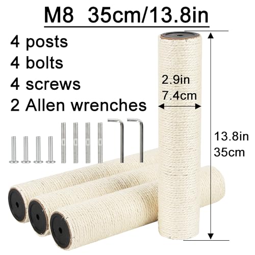 4 Pcs 2.9in 7.4cm Diameter Cat Tree Scratching Post Sisal Replacement Pole Parts (M8, 13.8in/35cm) - color: 13.8in/35cm, size: M8*4posts
