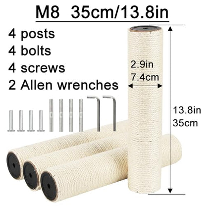 4 Pcs 2.9in 7.4cm Diameter Cat Tree Scratching Post Sisal Replacement Pole Parts (M8, 13.8in/35cm) - color: 13.8in/35cm, size: M8*4posts