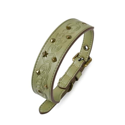 Blueberry Pet Premium Embossed Sage Green Glam Silver-Powered Freshness Microfiber Leather Dog Collar with Antique Brass Studs - color: Sage Green, size: Small