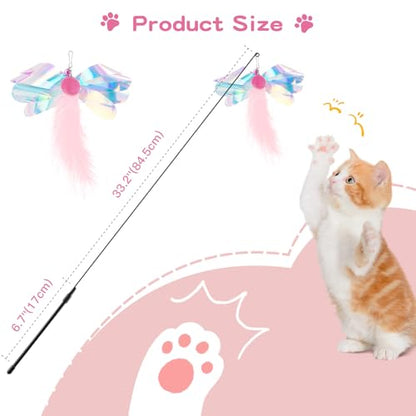 Pawaboo Feather Teaser Cat Toy, Interactive Feather Wand Cats Toy Flying Feathers Cat Catcher with Extra Long 34.5" Wand and Small Bell, Exerciser Playing Toys for Kitten or Cats, Pink Butterfly - color: Pink Butterfly