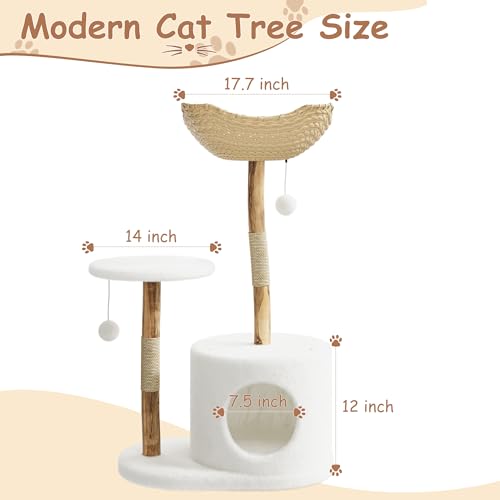 Modern Cat Tree Tower, Natural Solid Wood & Rattan Design with Woven Basket & Condo, Multi-Level Cat Activity Center for Indoor Cats, Aesthetic Pet Furniture - size: Small