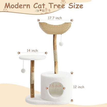 Modern Cat Tree Tower, Natural Solid Wood & Rattan Design with Woven Basket & Condo, Multi-Level Cat Activity Center for Indoor Cats, Aesthetic Pet Furniture - size: Small