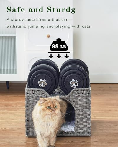 SETVSON Cat Beds Indoor Kitten House, Handwoven Rattan Cat Cave Pet Cube, Large Cat Houses, One Bed Mat, Foldable, Hideaway, 16.5x16.5x13.2 Inches, 2 S-Shaped Hooks in Living Room Bedroom Gray - color: Gray, size: Rectangle-M