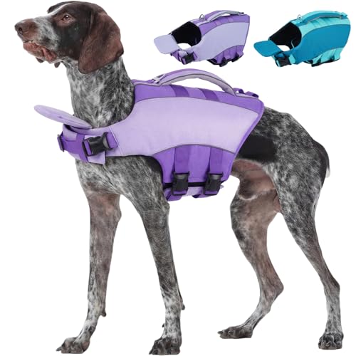 Kuoser Dog Life Jacket, Front Float Dog Life Vest for Swimming Boating, Reflective Pet Swim Suit with Rescue Handle & D-Ring & Chin Float for Small Medium Large Dogs, Purple 2XL - color: Purple, size: 2XL(Chest:30.7"-38.6")