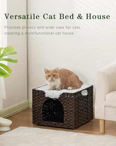 SETVSON Cat Beds Indoor Kitten House, Handwoven Rattan Cat Cave Pet Cube, Large Cat Houses, One Bed Mat, Foldable, Hideaway, 16.5x16.5x13.2 Inches, 2 S-Shaped Hooks in Living Room Bedroom Brown - color: Brown, size: Rectangle-M