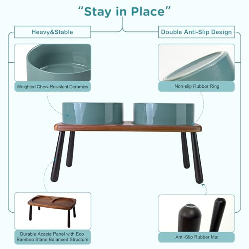 SPUNKYJUNKY Ceramic Elevated Dog Bowls Raised with Acacia Bamboo Wooden Stand, 8.3'' Dog Food Water Bowls Set Non-Slip for Medium Large Sized Breed Microwave Dishwasher Safe - 60 OZ,Dark Green - color: Dark Green, size: 8.3 in - Dual