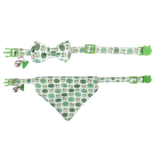 Cat Collar Breakaway with Cute Bow Tie Bandana and Bell Accessories Frog for Kitty Adjustable Safety - color: frog