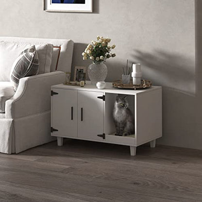 GDLF Modern Wood Pet Crate Cat Washroom Hidden Litter Box Enclosure Furniture House as Table Nightstand with Scratch Pad,Stackable (White) - color: White