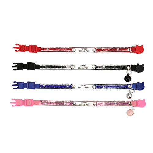 Mogoko Personalized Breakaway Cat Diamond Collar, Customized Bling Kitten Pet Collar with Engraved ID Name Plate and Bell（Red） - color: Red