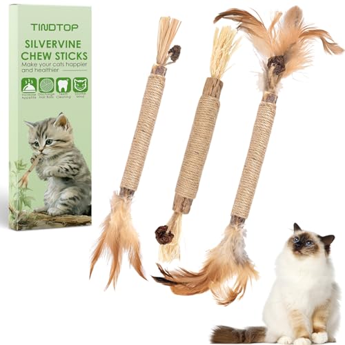 TINDTOP Silvervine Sticks for Cats with Natural Feather, Catnip Chew Toys for Kittens Teeth Cleaning, Increase Appetite, Calm Cat Anxiety and Stress, Cat Dental Toy (3 Pack) - color: 3 Pack