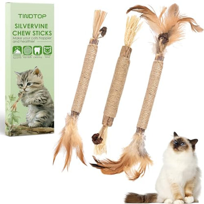 TINDTOP Silvervine Sticks for Cats with Natural Feather, Catnip Chew Toys for Kittens Teeth Cleaning, Increase Appetite, Calm Cat Anxiety and Stress, Cat Dental Toy (3 Pack) - color: 3 Pack