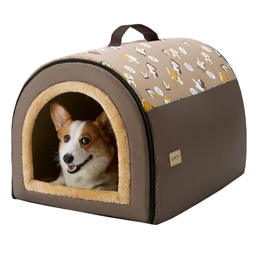 Jiupety Indoor Dog House, 2-in-1 Portable Foldable House Bed with Cover, Pet Tent & Cave Bed for Medium Dogs, XL(28"×21"×19"), Up to 40 Lb, Brown - style: XL