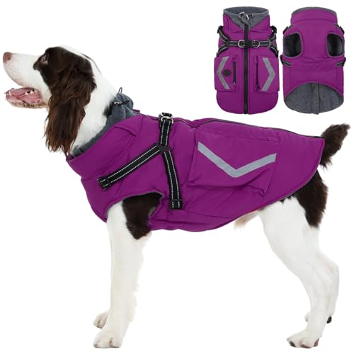 FUAMEY Dog Coat Zipper on Back, Fleece Lined Dogs Jacket for Winter with Harness Built-in, Insulated Clothes Large Doggy Cold Weather Outfits with Pop Bag Pockets, Staffordshire (Violet, L) - color: Bright Violet, size: Large