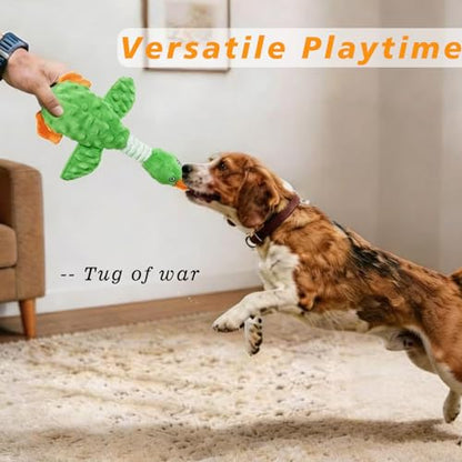 Squeaky Dog Toys for Aggressive Chewers, Durable Stuffed Animal Plush Dog Toy with Soft Fabric for Large, Medium & Small Dogs, Interactive Puppy Chew Toy for Teething, Crinkle Duck Dog Toy - Green - color: GREEN