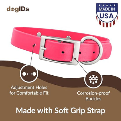 dogIDs Personalized Dog Collar – Custom Waterproof Soft-Grip Biothane with Laser-Engraved Nameplate, Durable & Odor-Resistant, USA Made | Pink, 1 in x 16 in (Fits Necks Size 14-18 in) - color: Pink, size: 1 in x 16 in (Fits Necks Size 14-18 in)