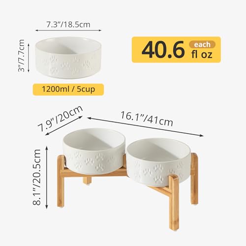 Elevated Ceramic Dog Bowls, 7.3" Dog Dishes with Stand, 5 Cup Elevated Food & Water Bowls for Medium Sized Dogs, Microwave Safe (Double Bowls + Stand - White, 7.3 inch) - color: Double Bowls + Stand - White, size: M - 7.3 inch