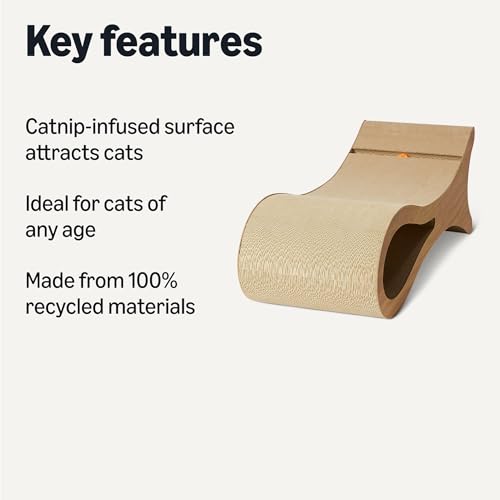 Amazon Basics Cat Scratcher Post Cat Scratcher Lounge Bed for Indoor Cats Bed Shaped Post Pad with Interactive Ball Toy & Catnip, FSC-Certified, 34.3 x 11.8 x 11.8 in, Wooden Color