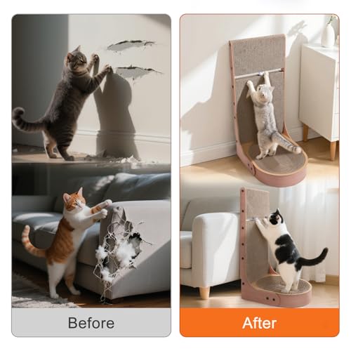 Cat Scratcher, 2 in 1 Multifunctional 26.8 Inch L Shape Cat Scratch Pad Wall Mounted with Oval Cat Scratcher Bed Bowl and Built-in Toy Balls
