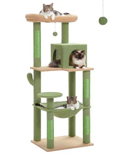 MUTTROS Cactus Cat Tree for Large Cats with Metal Plush Big Hammock, 56.3" Cat Tower for Indoor Cats with 2 Door Condo House, 6-Tier Cat Shelves with Scratching Posts and Large Top Perch,Green - color: Cactus Green, size: 56.3in