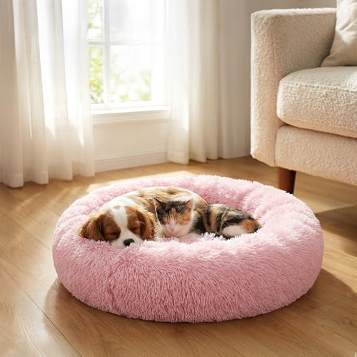 PetAmi Calming Dog Bed for Small & Medium Dogs and Cats, 30 Round Donut Dog Bed, Washable Fluffy Faux Fur Puppy & Cat Bed, Anti-Anxiety Plush Cuddler Pet Bed with Anti-Slip Bottom - Pink - color: Pink, size: Medium - 30"