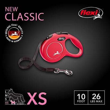FLEXI® Classic XS Tape Retractable Dog Leash (Red)-10 ft for Extra Small, Tiny Dogs up to 26 lbs| Ultra Compact Pocket-Size, 3-Finger Grip, German Quality| Tangle-Free, One-Hand Brake, Pause & Lock - color: Red, size: X-Small - 10 Feet (Tape)