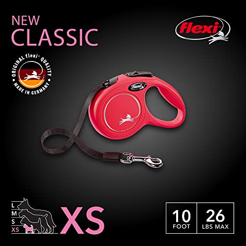 FLEXI® Classic XS Tape Retractable Dog Leash (Red)-10 ft for Extra Small, Tiny Dogs up to 26 lbs| Ultra Compact Pocket-Size, 3-Finger Grip, German Quality| Tangle-Free, One-Hand Brake, Pause & Lock - color: Red, size: X-Small - 10 Feet (Tape)
