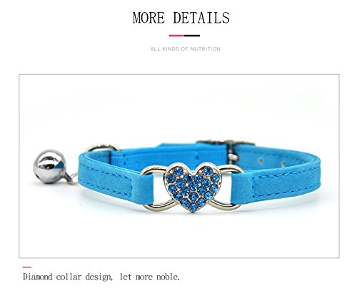 CHUKCHI Pink Soft Velvet Safe Cat Adjustable Collar with Crystal Heart Charm and Bells 8-11 Inches (Blue) - color: Blue