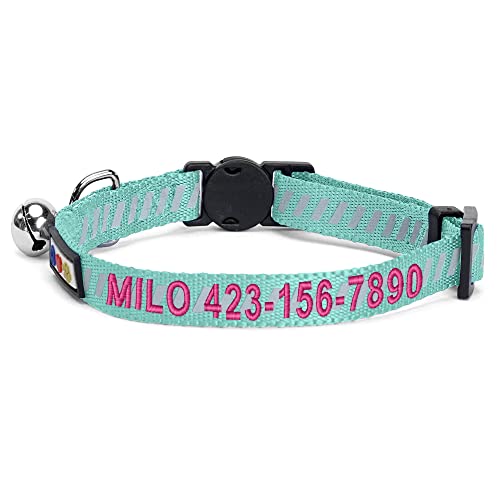 Pawtitas Personalized Teal Reflective Cat Collar – Adjustable Custom Collar with Safety Buckle, Removable Bell, and Engraved Name & Phone Number for Kittens and Adult Cats - color: Personalized Teal