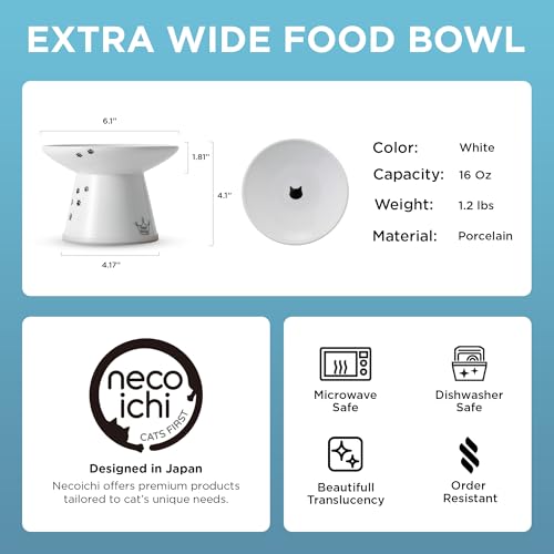 Necoichi Elevated Cat Food Bowl, Ceramic (Porcelain), Whisker-Friendly, Dishwasher & Microwave Safe, Non-Slip Silicone Base, Anti-Vomiting & Neck Fatigue (Cats, Extra Wide, 2-Cups Capacity) - color: Cat, size: Large Extra Wide Flat (2 Cups)