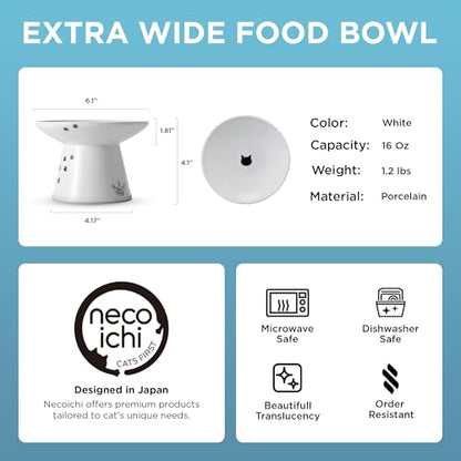 Necoichi Elevated Cat Food Bowl, Ceramic (Porcelain), Whisker-Friendly, Dishwasher & Microwave Safe, Non-Slip Silicone Base, Anti-Vomiting & Neck Fatigue (Cats, Extra Wide, 2-Cups Capacity) - color: Cat, size: Large Extra Wide Flat (2 Cups)