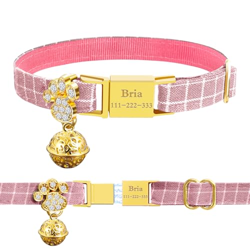Personalized Breakaway Cat Collars - Magnetic Buckle, Bell - Safety Quick Release, Customized for Girls & Boys Cats- (Checkered-Pink) - color: Checkered-Pink