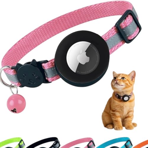 AirTag Cat Collar with AirTag Holder, Breakaway Reflective Cat Tracker Collar with Bell by AmazeGoods - color: Pink