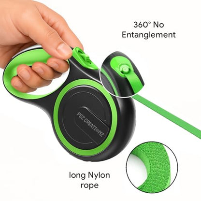 Retractable Dog Leash – 5M Strong Non Chew Nylon Lead with 360° Swivel Hook, One-Touch Lock, Ergonomic Anti-Slip Handle – Green on Black Neon Pet Leash