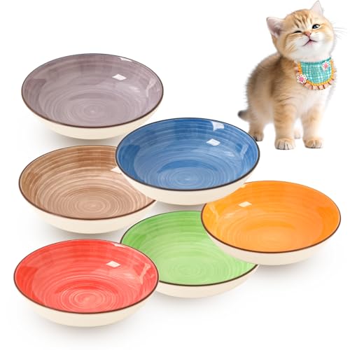 Colorful Ceramic Cat Bowls Set, 6 Pack Whisker-Friendly Cat Dishes for Food and Water, 5.7" Wide and Shallow Plates for Dry Wet Food, Ideal for Multi-Pet Homes, Microwave & Dishwasher Safe