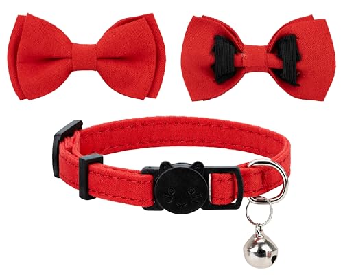 Cat Collar with Bow Tie Bell Breakaway Kitten Small Pet Safety Solid Wedding Basic Pure Color Suede Soft Adjustable [1pc] Red - color: [1pc] Red